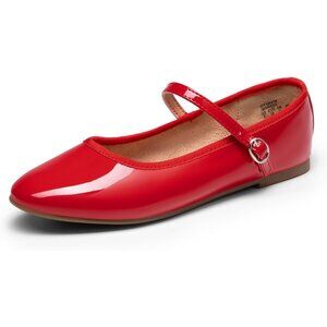Dream Pairs Women's Red-pat CALF PU Round Toe Buckled Ankle Strap Ballet Flats